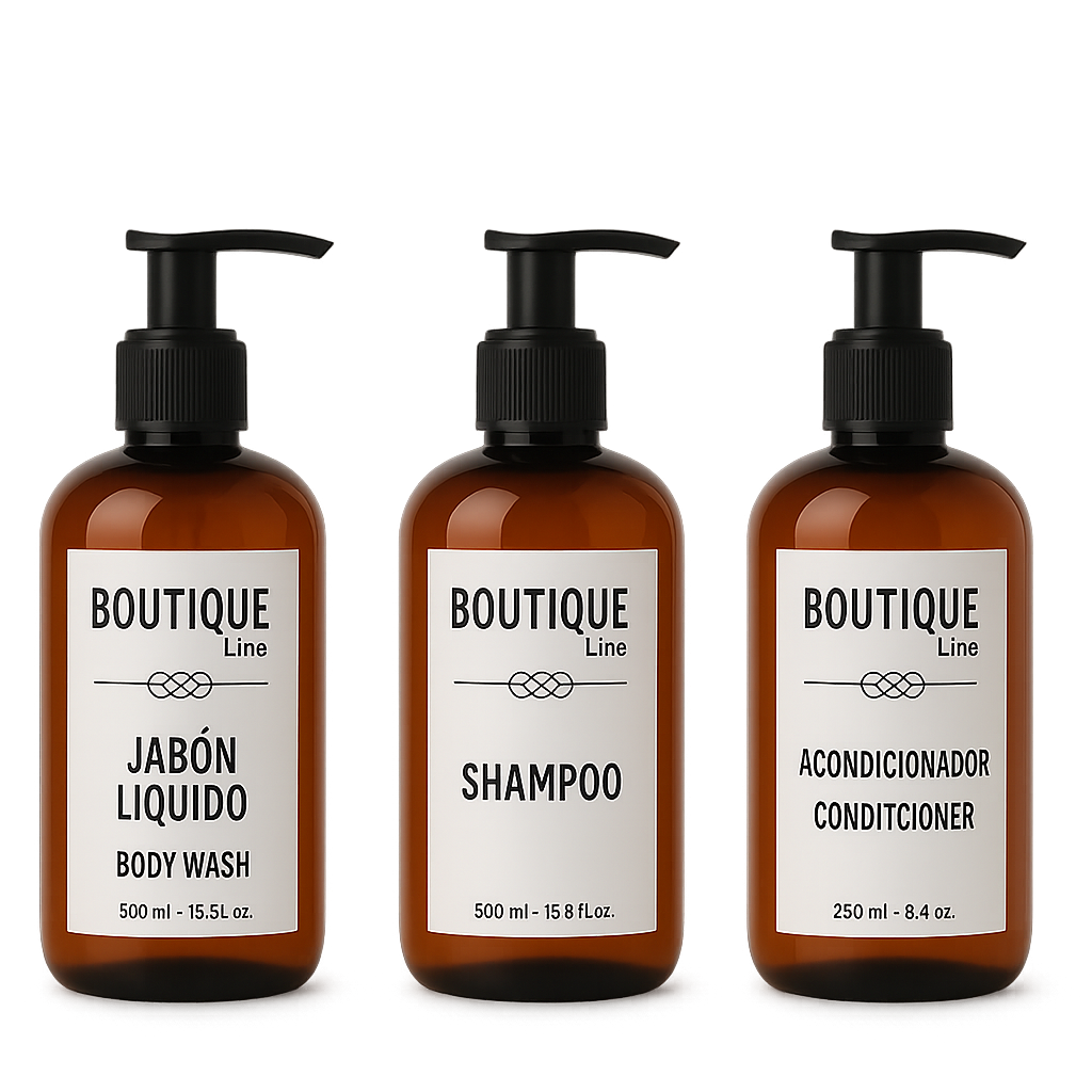 Kit Amenidades para Hotel 250 ml (3 Piezas) | Jabón Líquido Corporal, Shampoo y Acondicionador – Sin Parabenos y pH Balanceado