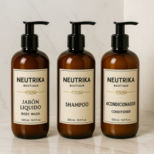 Kit de Amenidades para Hotel 500 ml – Jabón Líquido Corporal, Shampoo y Acondicionador | Sin Parabenos, pH Balanceado