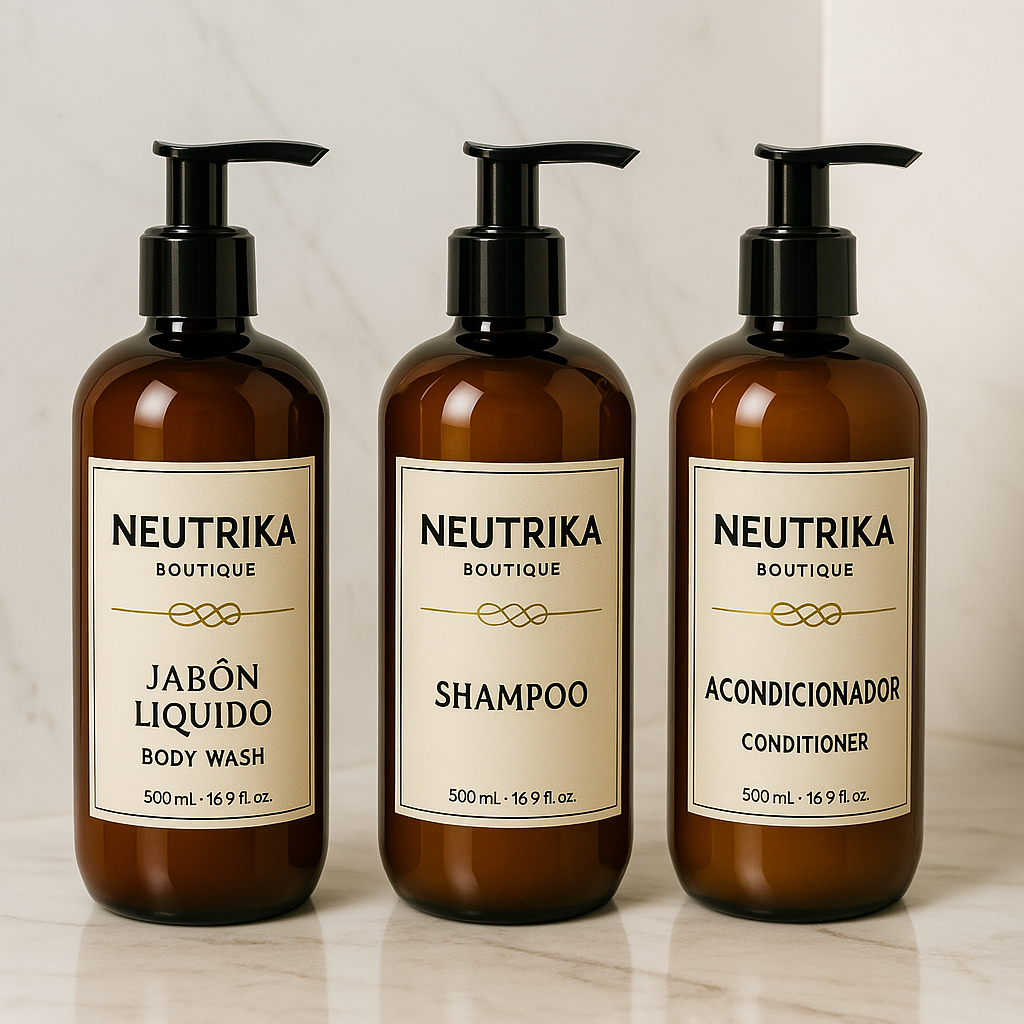 Kit de Amenidades para Hotel 500 ml – Jabón Líquido Corporal, Shampoo y Acondicionador | Sin Parabenos, pH Balanceado